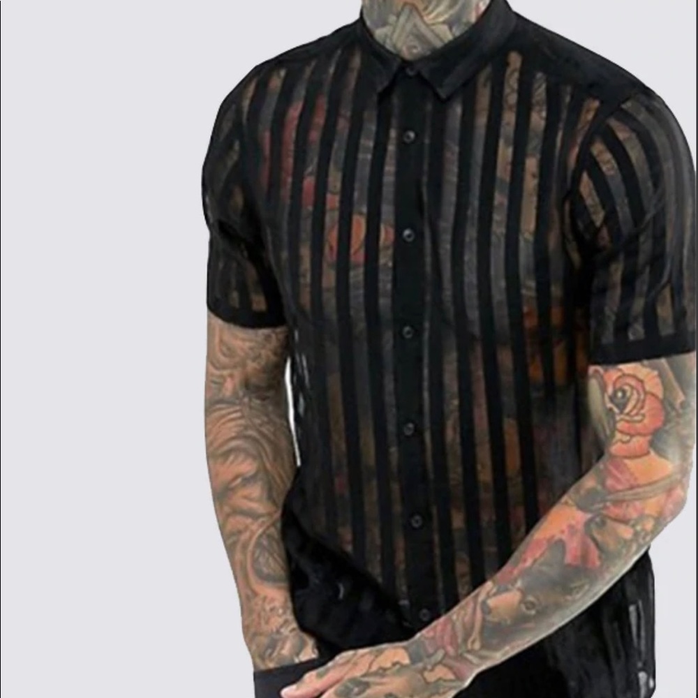 Mens Mesh Striped Short Sleeve Shirt